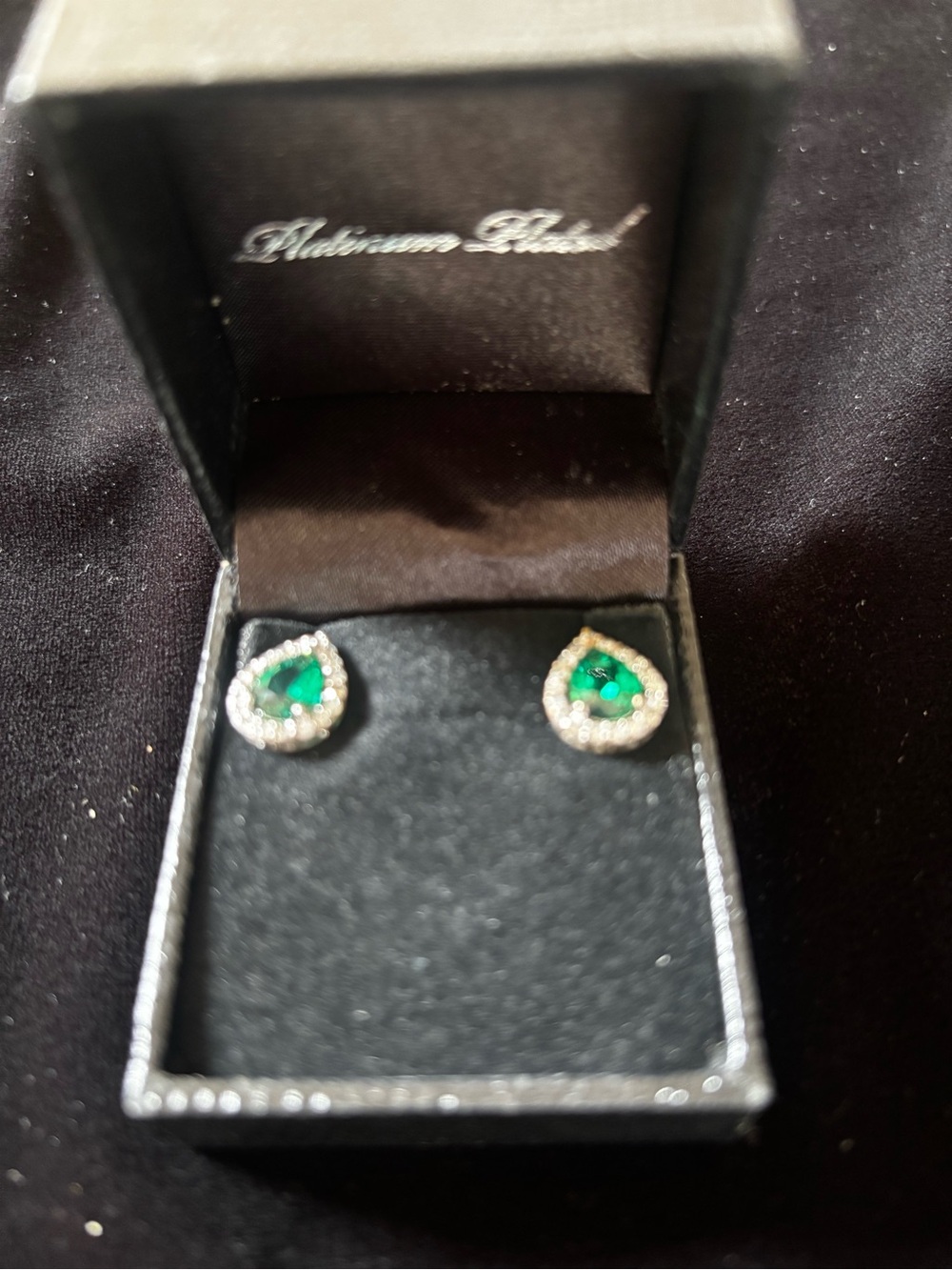 Green Teardrop Halo Stud Earrings with Clear Accents and Platinum Plated backing